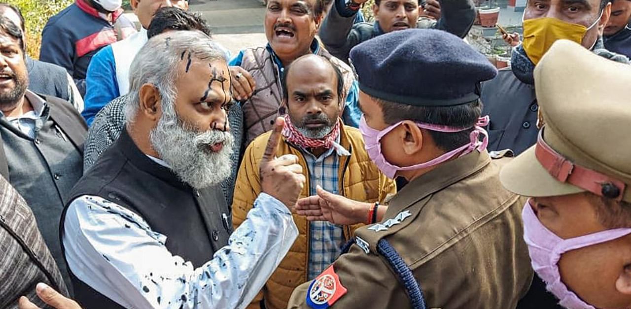 Aam Aadmi Party leader Somnath Bharti faced an ink attack in Rae Bareli where he had gone to inspect government schools. Credit: PTI Photo