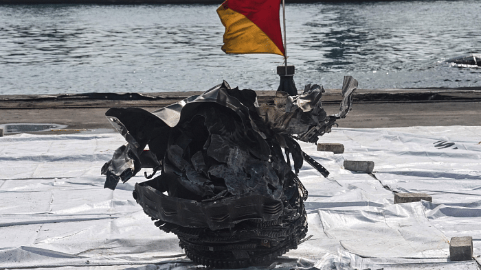 A piece of wreckage recovered at sea from the Boeing 737-500 is pictured at Tanjung Priok port, north of Jakarta. Credit: AFP