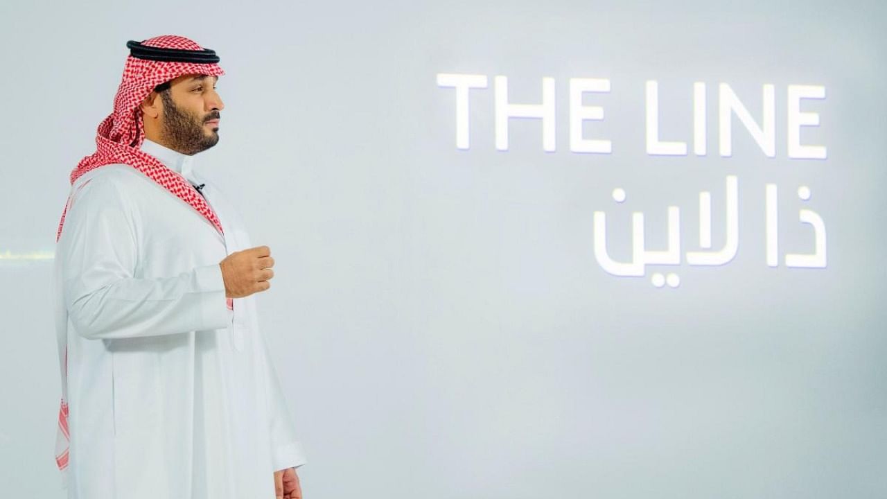 Saudi Crown Prince Mohammed bin Salman launches 'The Line', a green city that can accomodate about one million people, at NEOM, an area in the north-west of the kingdom currently under development. Credit: AFP/Saudi Royal Palace/Bandar Al-Jaloud.
