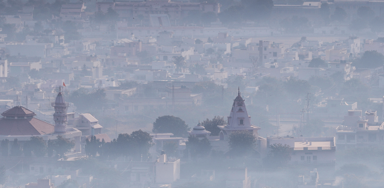 City skyline engulfed in heavy smog during a cold morning, in Ajmer. Credit: PTI Photo