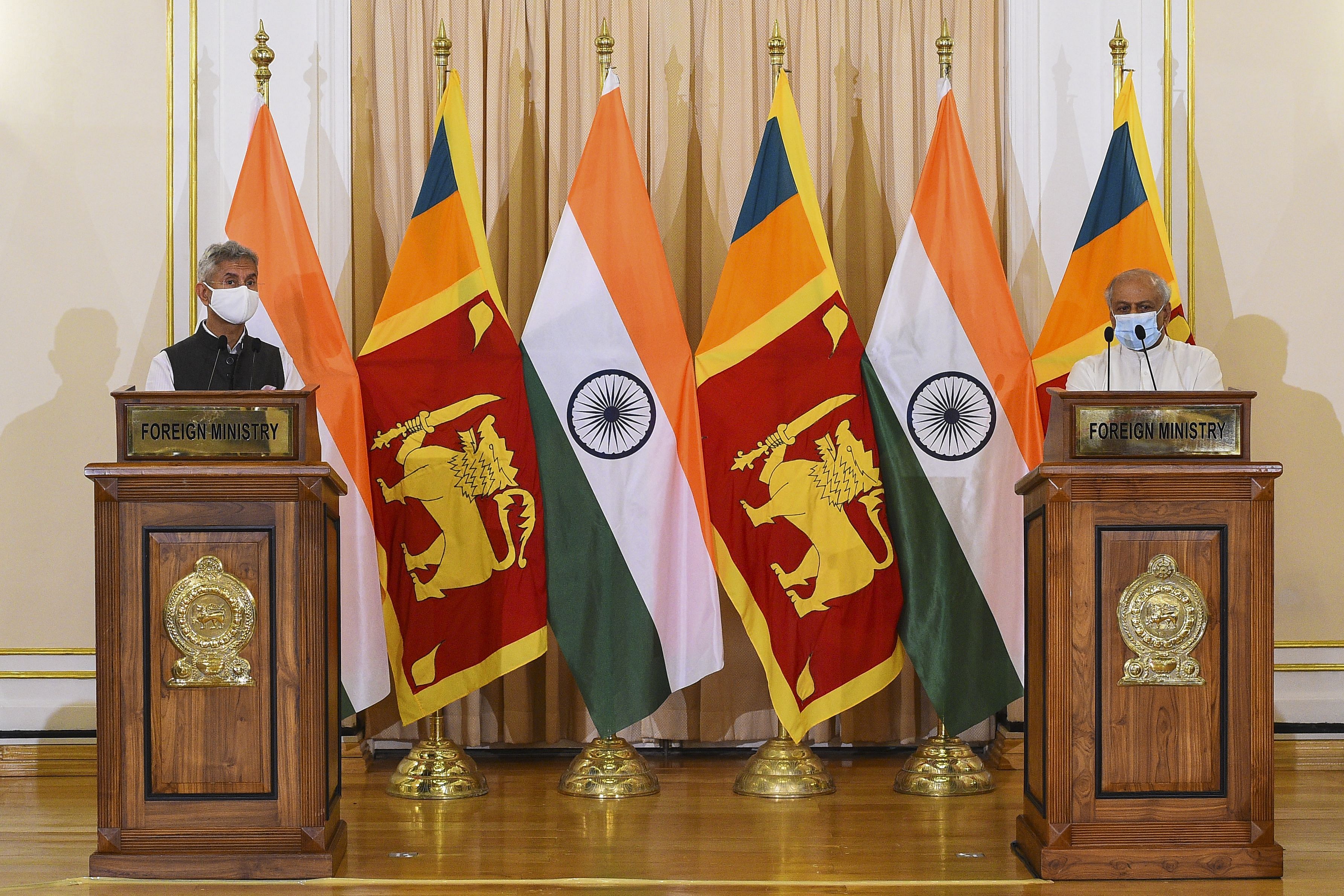 Subrahmanyam Jaishankar (R) speaks during a joint press briefing with Sri Lanka's Foreign Minister Dinesh Gunawardena in Colombo. Credit: AFP Photo