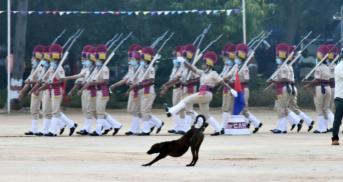 Women police constables participate in the passing out parade of the fifth batch of Women Civil Police Constables, Railways and Karnataka State Industrial Security Force (KSISF) and second batch of Women Civil Police Constables in Mysuru on Tuesday. DH PHOTO