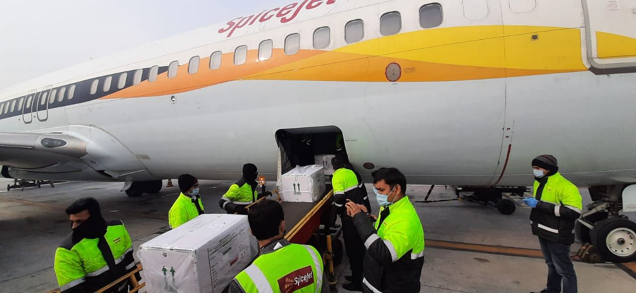 Covid-19 vaccines are being unloaded at Delhi Airport. Credit: Delhi Airport