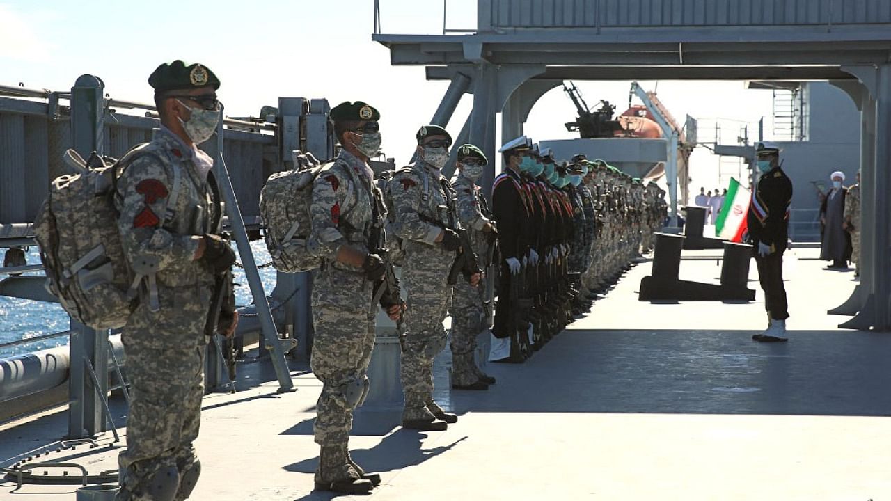 A handout photo made available by the Iranian Army office on January 13, 2021, shows Iran-made warship Makran prior to be joined to the Navy, in drill in the Gulf of Oman. Credit: Iranian Army office/AFP Photo