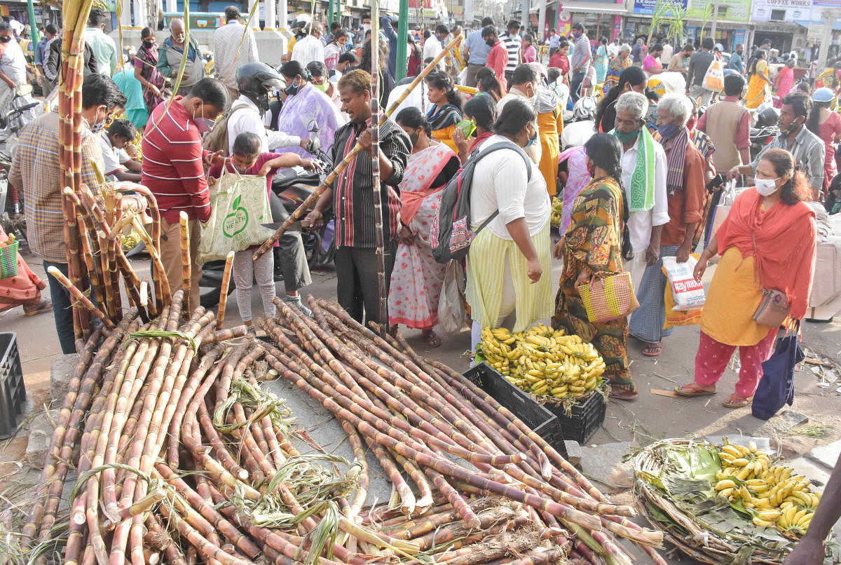 Sugarcane vendors do good business near Devaraja Market on the eve of Sankranthi festival on Wednesday. DH PHOTO