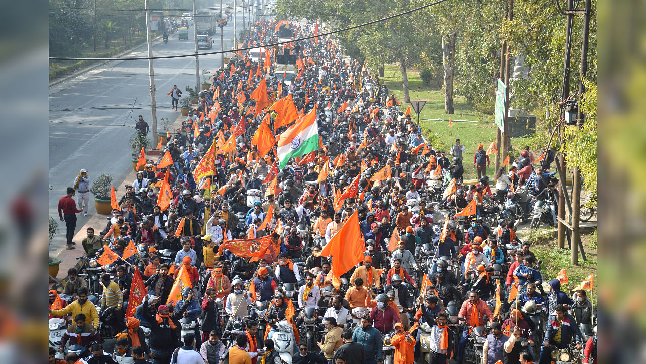 Devotees during a bike rally to collect funds for the construction of Ram Temple in Ayodhya, in Ghaziabad, Sunday, Jan. 10, 2021. Credit: PTI Photo