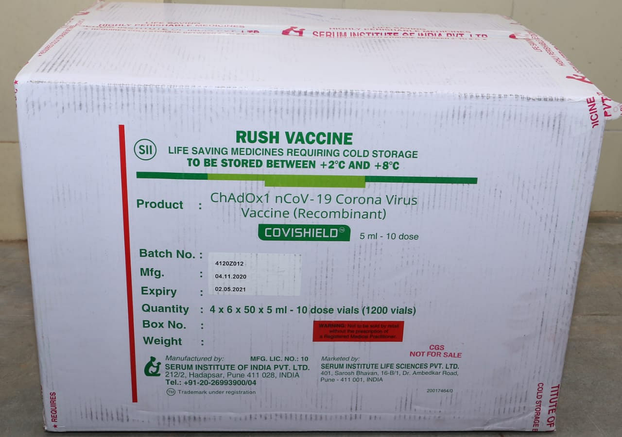 First batch of the Covishield vaccines, dispatched from Pune's Serum Institute of India, is kept at a cold storage facility in Mumbai, Wednesday, Jan. 13, 2021. Credit: PTI Photo