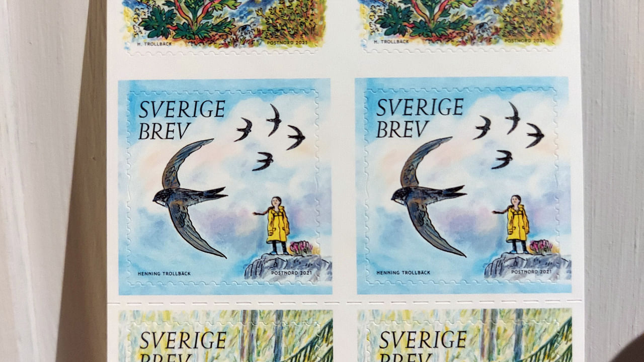 2021-issued stamps depicting Swedish climate change activist Greta Thunberg are pictured in Stockholm, Sweden. Credit: Reuters Photo