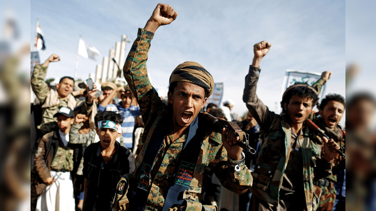 Supporters of the Houthi movement shout slogans as they attend a rally to mark the 4th anniversary of the Saudi-led military intervention in Yemen's war, in Sanaa, Yemen March 26, 2019. Credit: Reuters File Photo