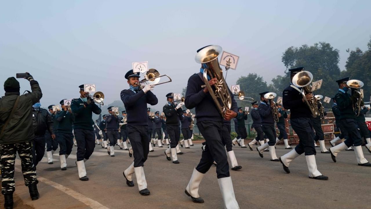 Air Force personnel take part in a rehearsal for the upcoming Republic Day Parade in New Delhi on January 14, 2021. Credit: AFP Photo