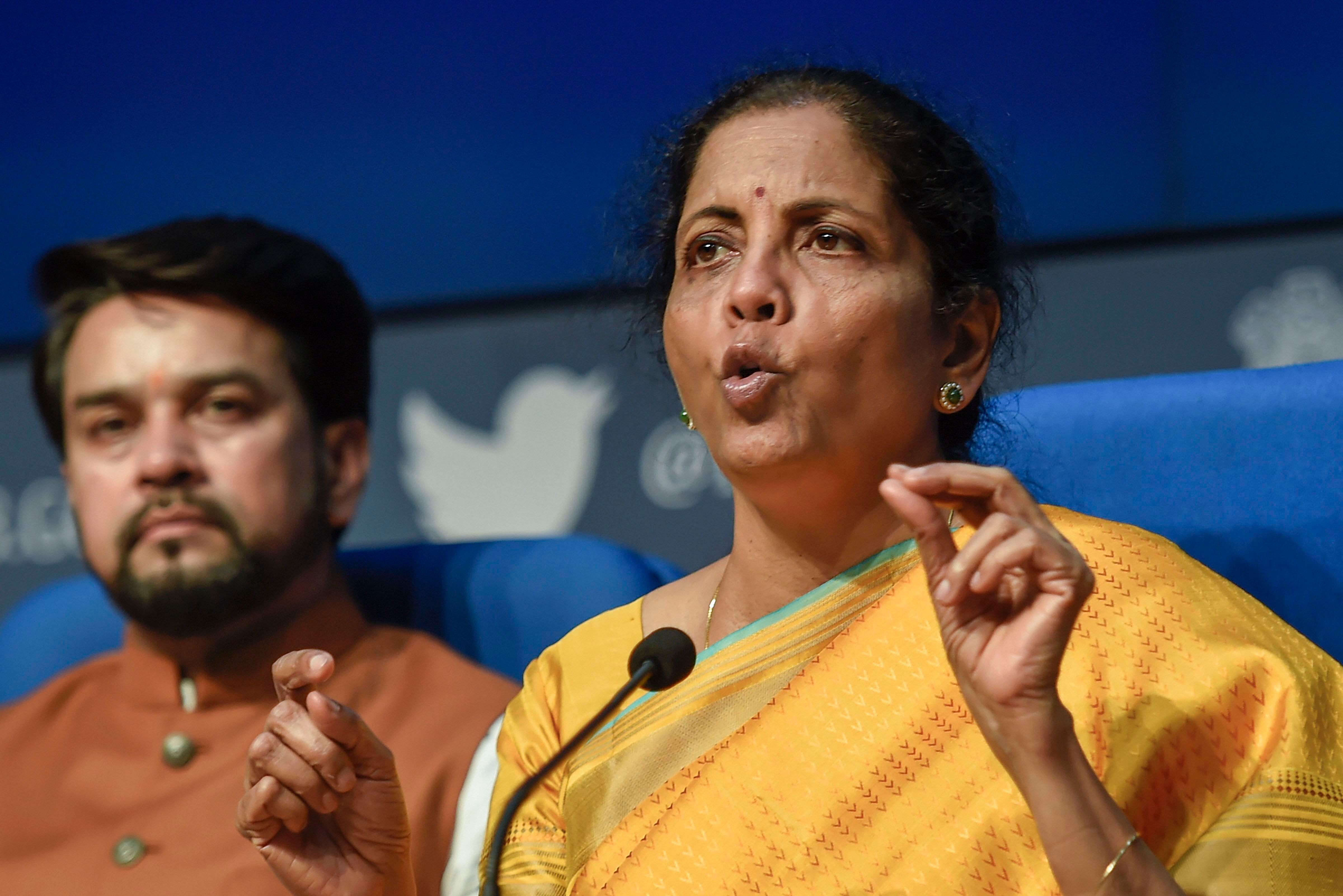 Union Finance Minister Nirmala Sitharaman along with MoS Finance Anurag Thakur. Credit: PTI File Photo