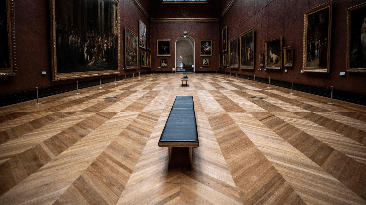 A picture taken on January 8, 2021 at the Louvre Museum in Paris shows a view of the "Salle Mollien" (Mollien room), which is empty as the Museum remains closed due to the sanitory situation. Credit: AFP Photo