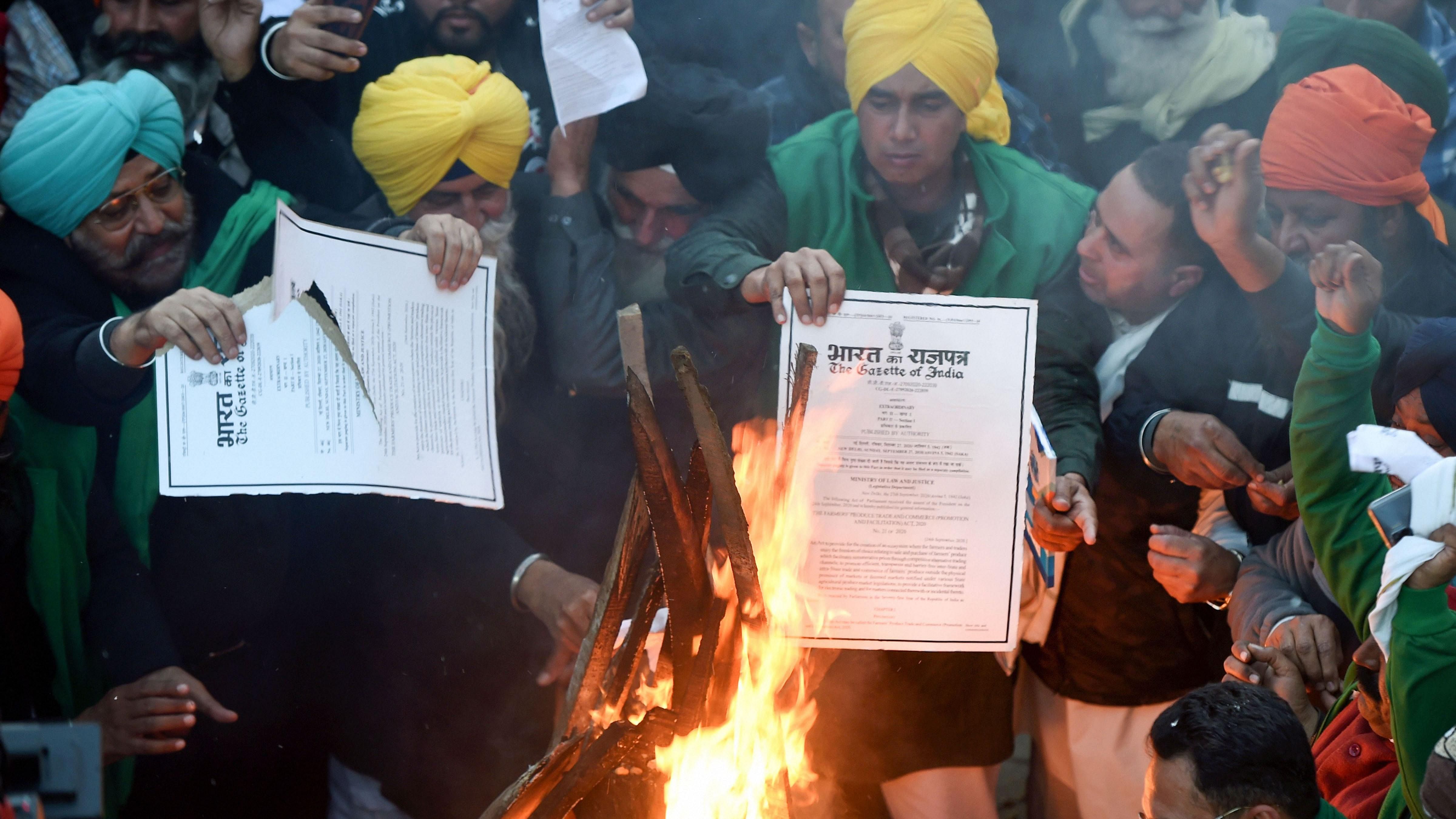 Thousands of farmers, mostly from Punjab and Haryana, have been camping at several Delhi border points, demanding a complete repeal of the three farm laws and legal guarantee of minimum support price for their crops. Credit: PTI