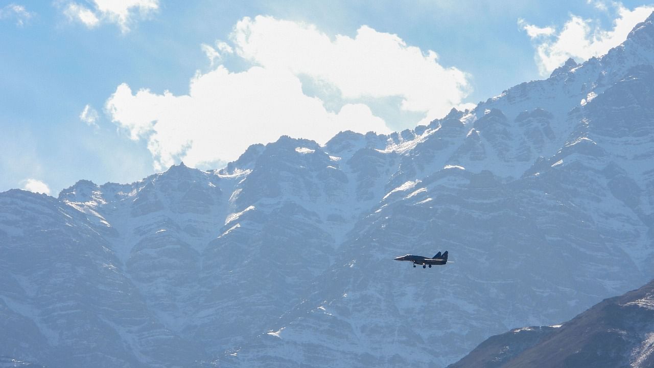 An IAF fighter jet flies over the Ladakh region amid India-China stand off, in Leh. Credit: PTI Photo
