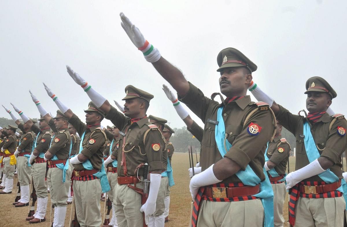 Moradabad: Police Sub-Inspectors take oath during their passing out parade at Dr B R Ambedkar Police Academy in Moradabad, Friday, Jan 8, 2021. (PTI Photo) (PTI01_08_2021_000021A)