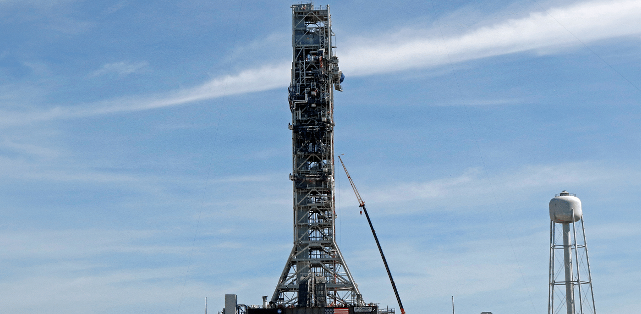 NASA's Space Launch System mobile launcher stands atop Launch Pad 39B at the Kennedy Space Center in Cape Canaveral. Credit: Reuters Photo