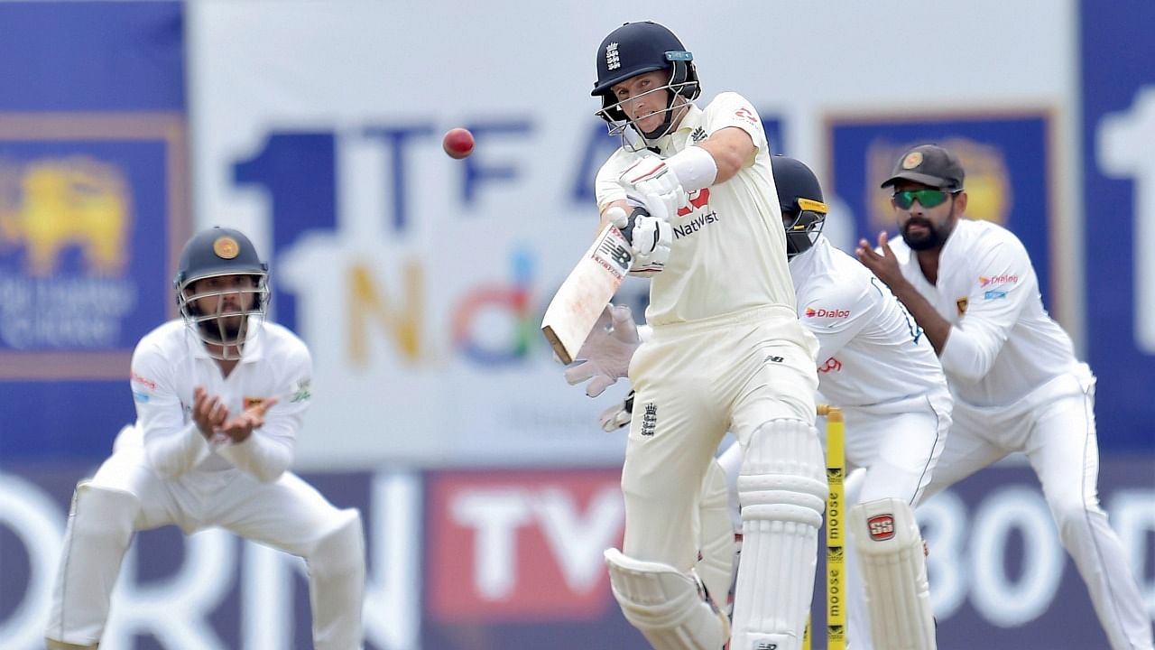 England captain Joe Root plays a shot during the first test match between Sri Lanka and England at Galle International Cricket Stadium in Galle. Credit: PTI Photo
