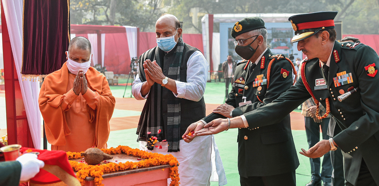 Defence Minister Rajnath Singh, Chief of Army Staff Gen Manoj Mukund Naravane, and UP CM Yogi Aditiyanath during the 'Bhoomi Pujan' of New Command Hospital. Credit: PTI Photo
