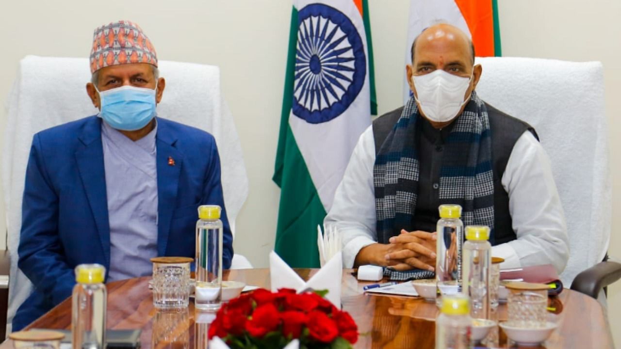 Defence Minister Rajnath Singh and Nepalese Foreign Minister Pradeep Kumar Gyawali. Credit: Twitter Photo/@rajnathsingh