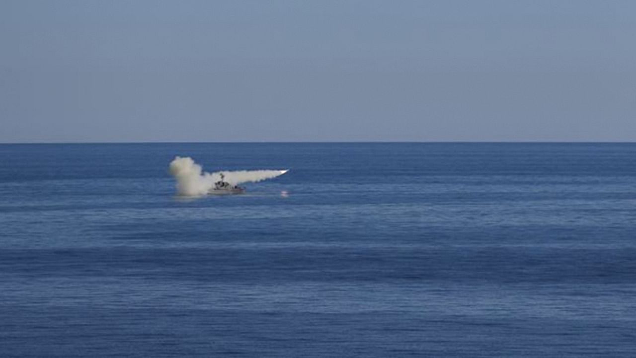 A handout photo made available by the Iranian Army office on January 14, 2021, shows a missile fired from a warship during an Iranian navy military drill in the Gulf of Oman. Credit: IRANIAN NAVY OFFICE/AFP Photo