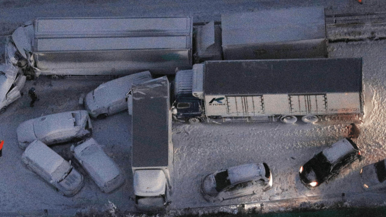 General view shows the site where cars were involved in a series of crashes when a snow storm struck a stretch of highway on the Tohoku Expressway in Osaki, Miyagi prefecture, northern Japan January 19, 2021. Credit: Reuters Photo