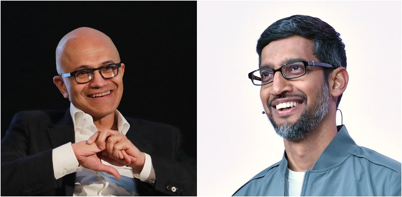  Microsoft CEO Satya Nadella and chief executive officer of Google and Alphabet Sundar Pichai. Credit: Reuters, AFP Photo