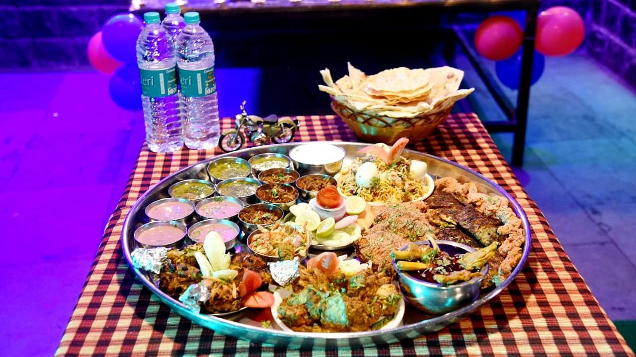 The challenge requires participants to finish the non-vegetarian thali within 60 minutes all by themselves and if succesful, winners can walk away with a Rs 1.65-lakh Bullet. Credit: Special arrangement