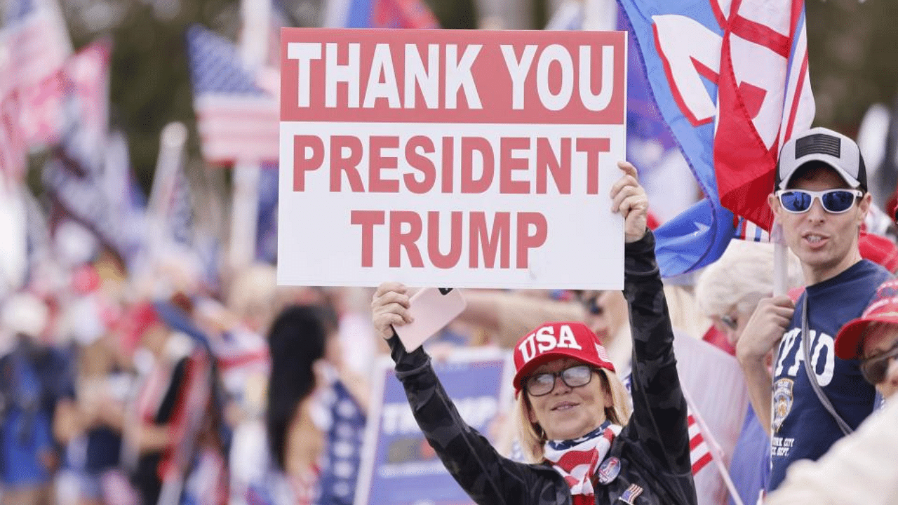 Supporters of outgoing US President Donald Trump await his return to Florida along the route leading to his Mar-a-Lago estate on January 20, 2021 in West Palm Beach, Florida. Credit: AFP Photo