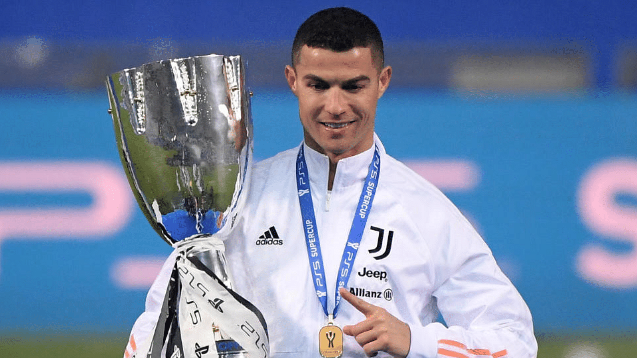 Juventus' Cristiano Ronaldo celebrates with the Italian Super Cup. Credit: Reuters Photo