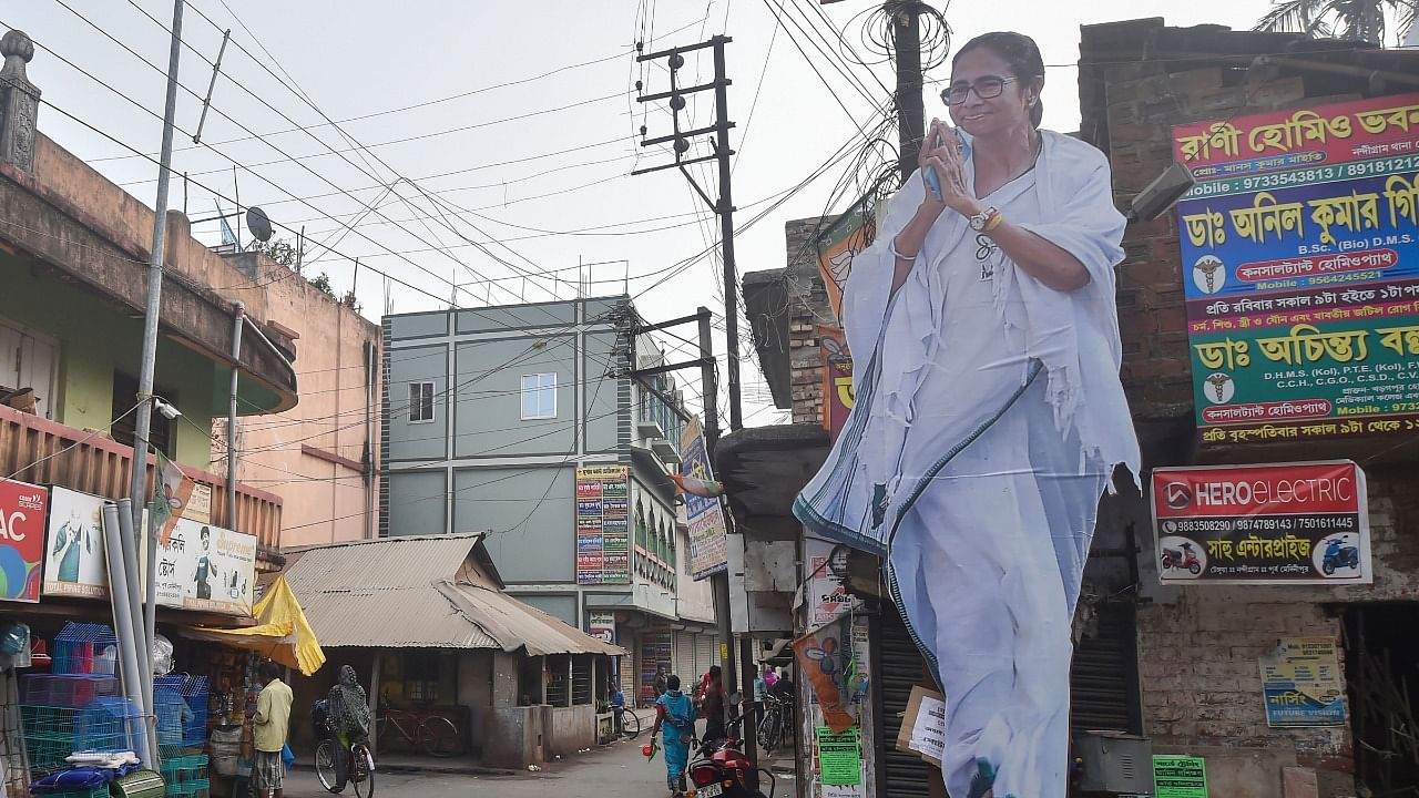 A larger than life cut out of West Bengal Chief Minister and TMC Supremo Mamata Banerjee put up at Nandigram in East Medinipur district. Credit: PTI Photo