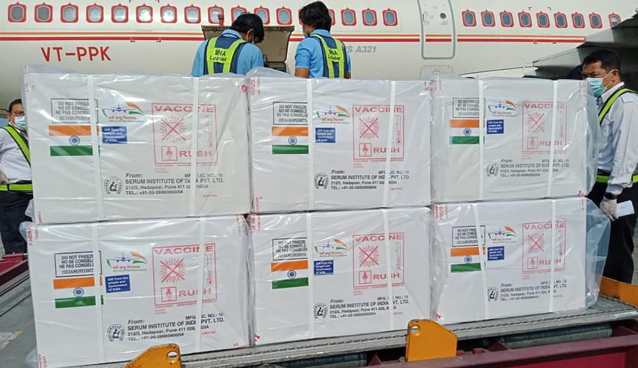 boxes of the Covishield vaccine that were delivered from India are unloaded at the tarmac of the Yangon International Airport Friday, Jan. 22, 2021 in Yangon, Myanmar. Myanmar on Friday received its first shipment of COVID-19 vaccine, a government-to-government gift of 1.5 million doses from India. Credit: Indian Embassy in Myanmar /AP/PTI Photo