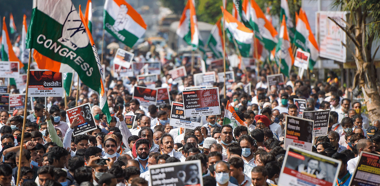 Congress supporters participate in a protest march against Republic TV Editor-in-chief Arnab Gosswami over his leaked WhatsApp chats. Credit: PTI Photo