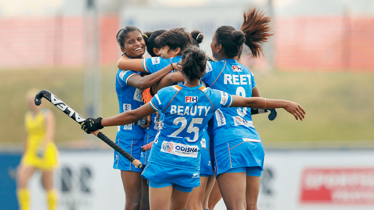  Indian Junior Women's Hockey team players celebrate after scoring a goal. Credit: PTI File Photo