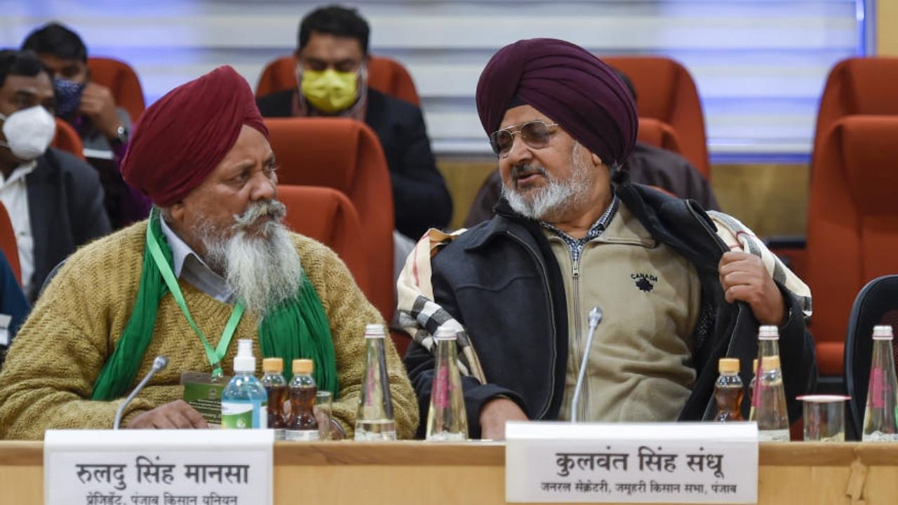  Farmers leaders during the 11th round of talks with the central government on new farm laws, at Vigyan Bhavan in New Delhi. Credit: PTI Photo