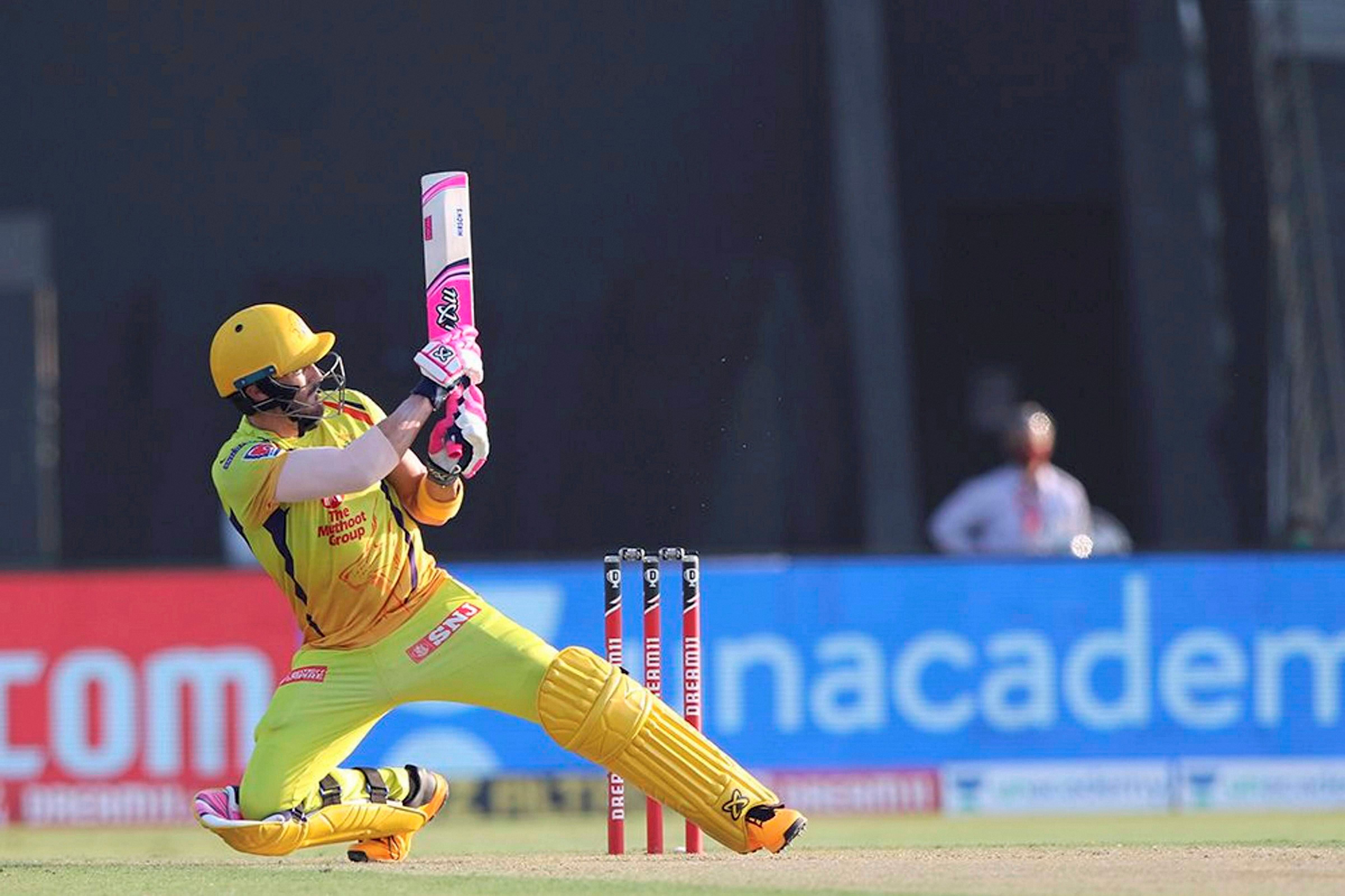 Faf du Plessis of the Chennai Super Kings plays a shot during an IPL 2020 match in the UAE. Credit: PTI Photo