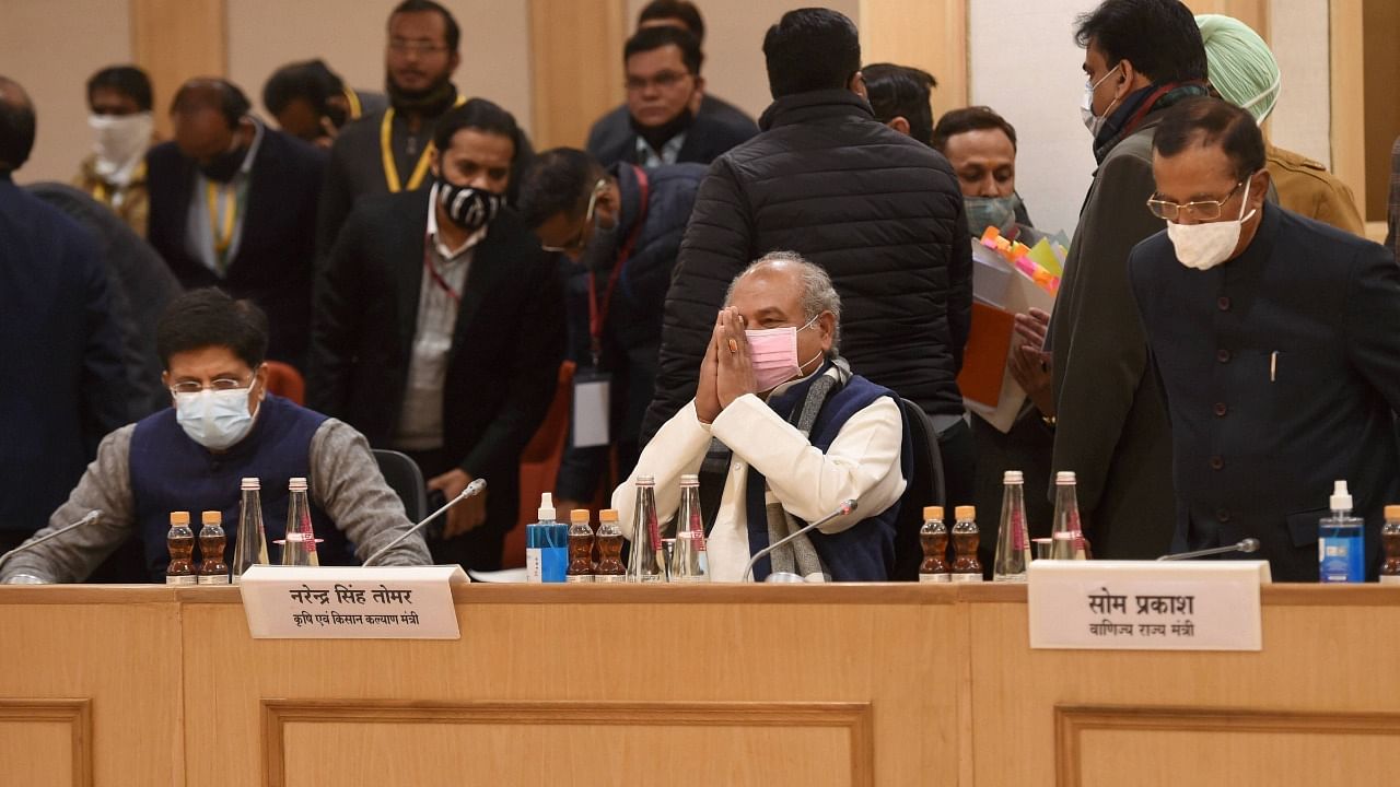 Union Minister for Agriculture and Farmers' Welfare Narendra Singh Tomar along with Union Minister for Commerce and Industry Piyush Goyal during the 10th round of talks with farmers leaders on new farm laws, at Vigyan Bhawan in New Delhi. Credit: PTI Photo