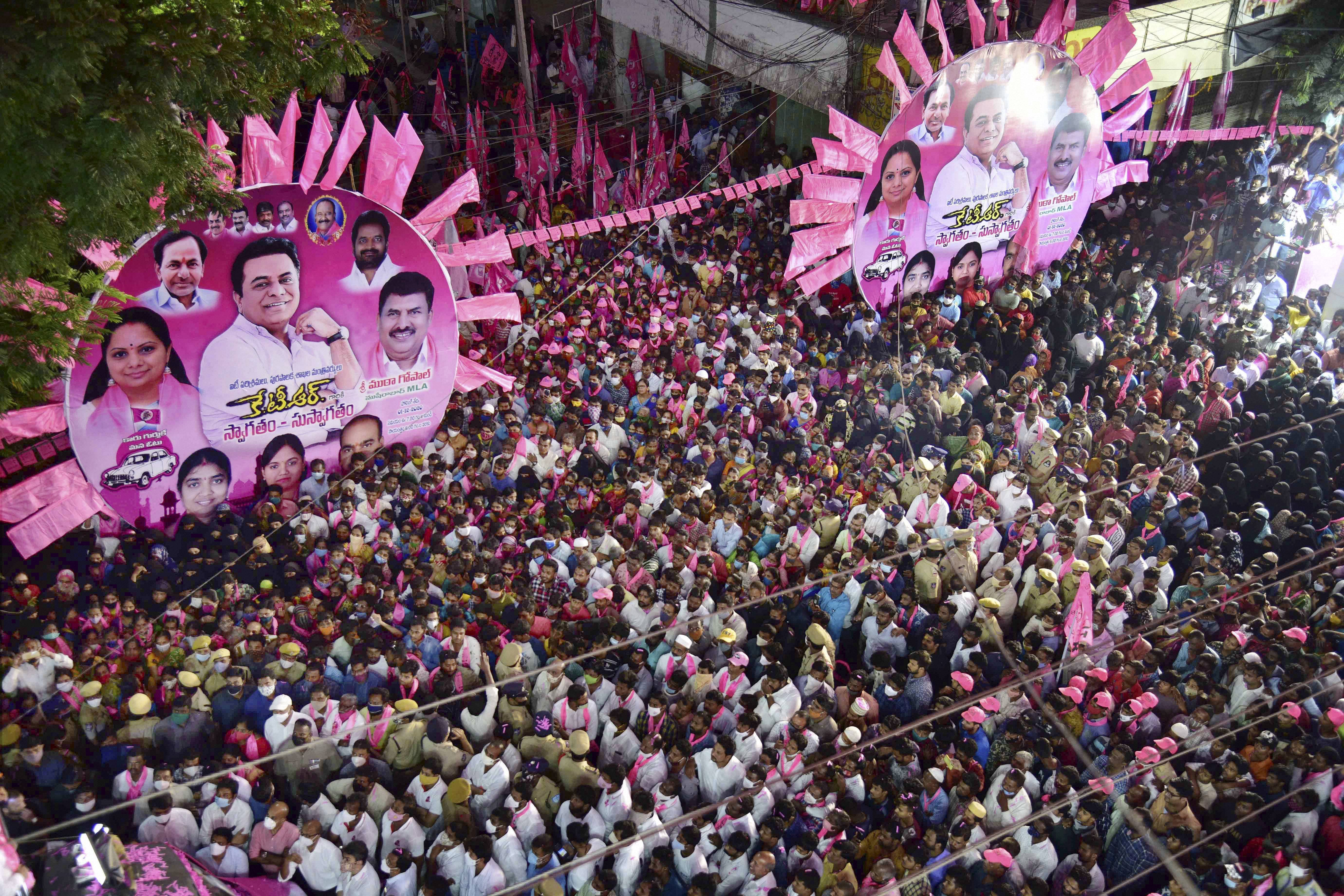 TRS working president and Minister KT Rama Rao campaigns ahead of GHMC election at Musharabad Constituency in Hyderabad, Tuesday, Nov. 24, 2020. Credit: PTI Photo