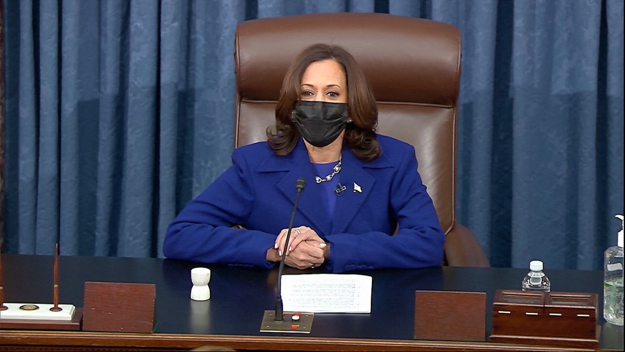 In this image from video, Vice President Kamala Harris presides over the Senate Wednesday, Jan. 20, 2021, on Capitol Hill in Washington. Credit: AP/PTI Photo