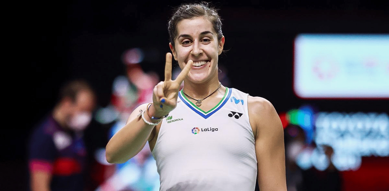 Spain's Carolina Marin reacting during her women's singles semi-final match where she beat South Korea's An Se-young at the Toyota Thailand Open badminton tournament in Bangkok. Credit: AFP Photo