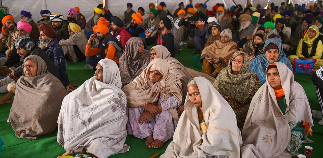  Farmers at Singhu border during their ongoing agitation against the new farm laws. Credit: PTI. 