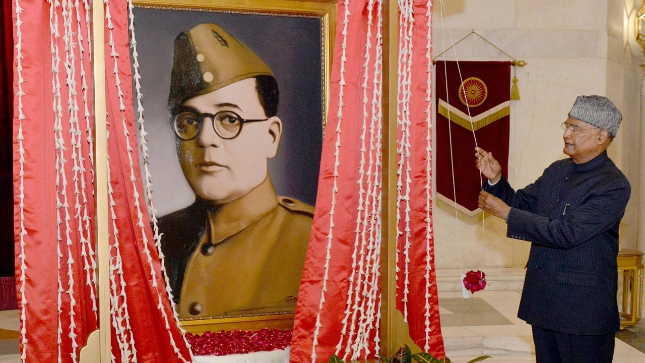 President Ram Nath Kovind unveils a portrait of Netaji Subhas Chandra Bose to mark his birth anniversary, at Rashtrapati Bhawan in New Delhi. Credit: PTI Photo