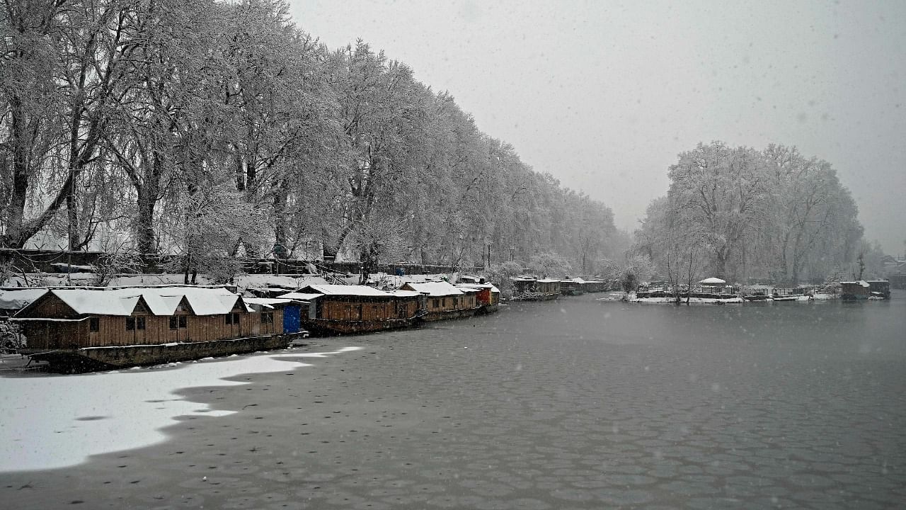 Snow covered boats and trees are pictured in Dal Lake during snowfall in Srinagar. Credit: AFP File Photo