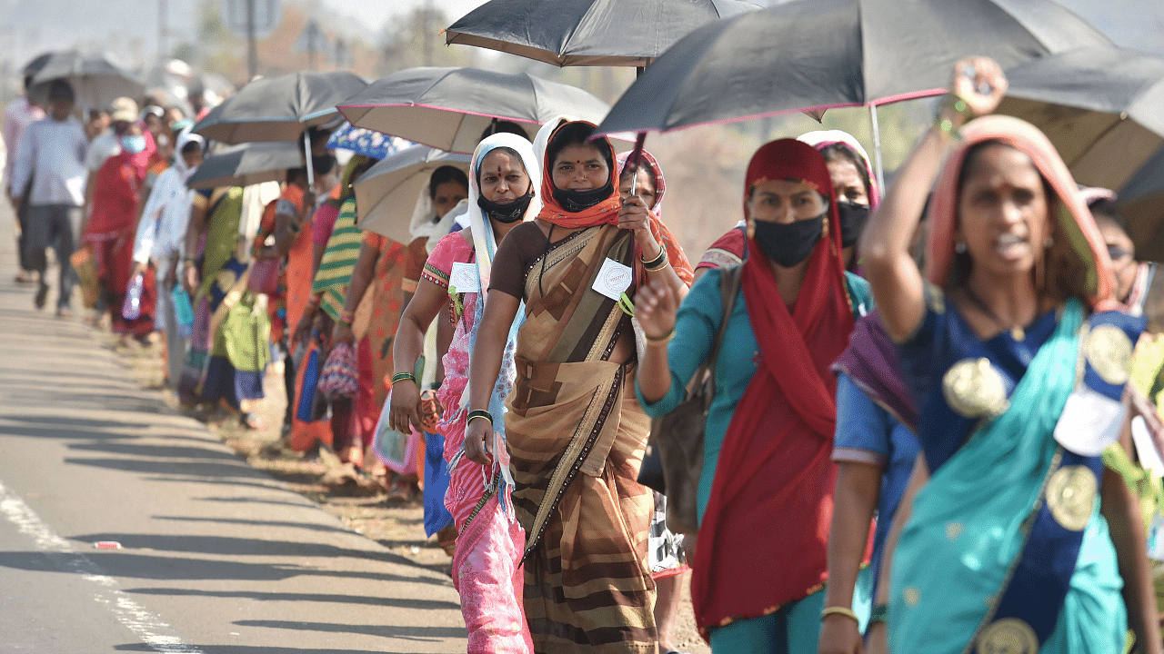 Farmers from Nashik district walk along the Nashik-Mumbai highway to participate in the protest march organized by Akhil Bharatiya Kisan Sabha, scheduled to take place on January 25, in Mumbai. Credit: PTI Photo