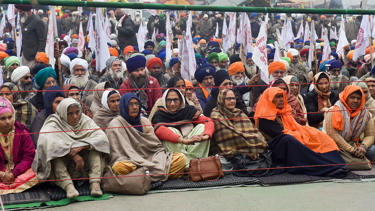 Farmers at Singhu border during an ongoing protest against the new farm laws. Credit: PTI Photo
