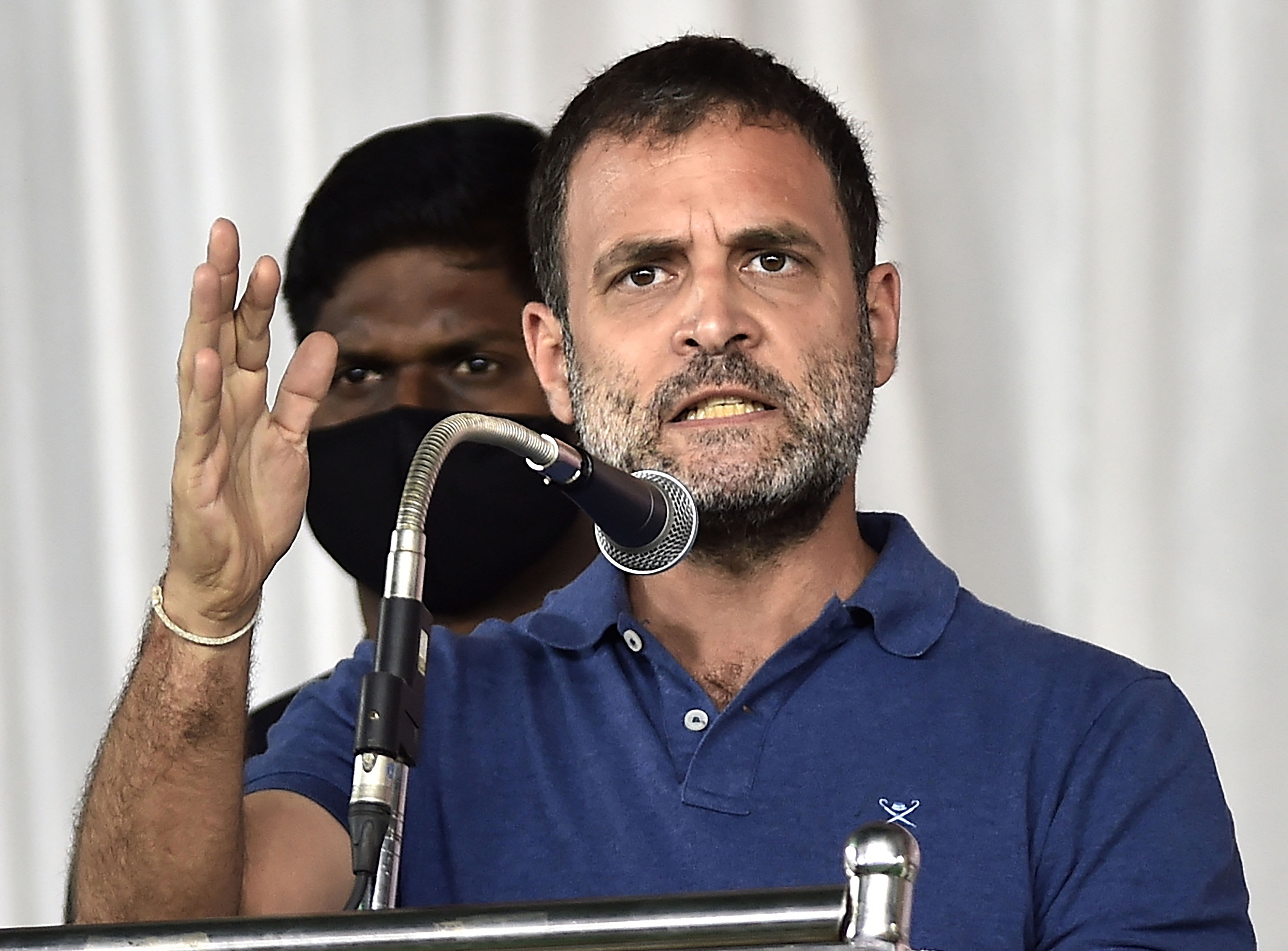 Congress leader Rahul Gandhi addresses an election campaign meeting at Dharapuram, ahead of Tamil Nadu Assembly polls, in Tiruppur district, Sunday, Jan. 24, 2021. Credit: PTI Photo