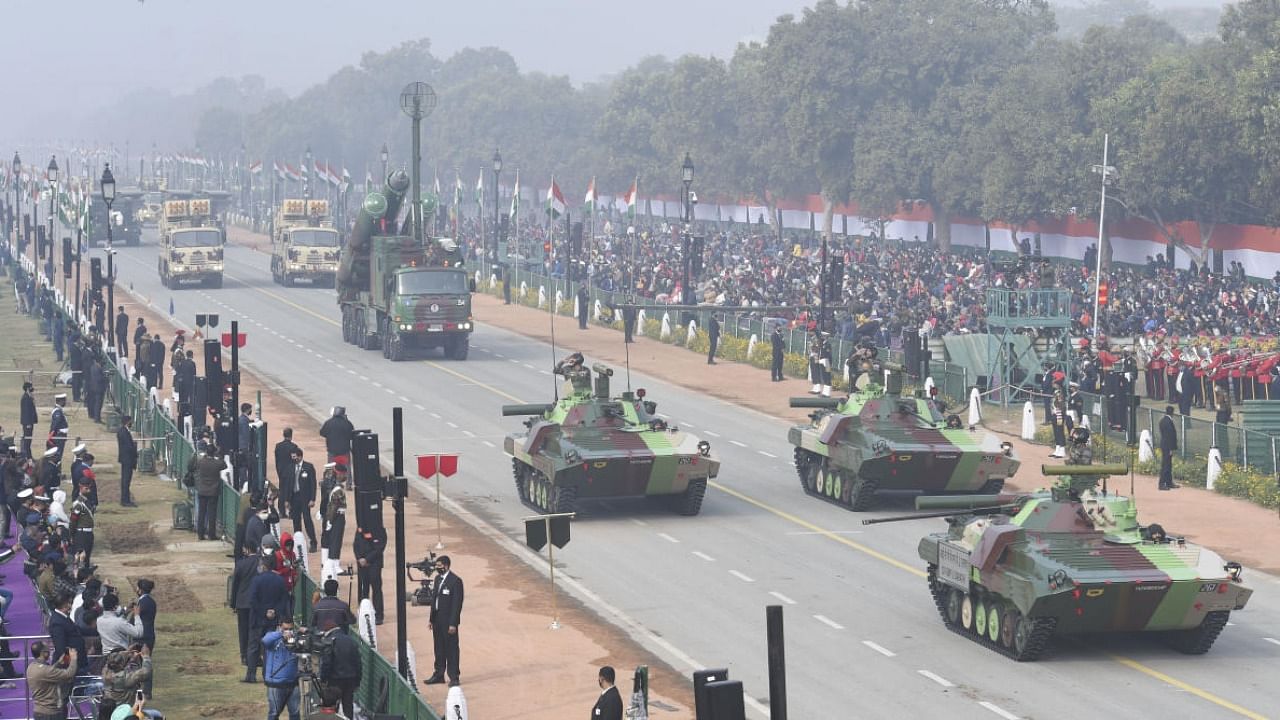 Indian Army's tanks and equipment during the full dress rehearsal for the upcoming Republic Day Parade, in New Delhi. Credit: PTI.