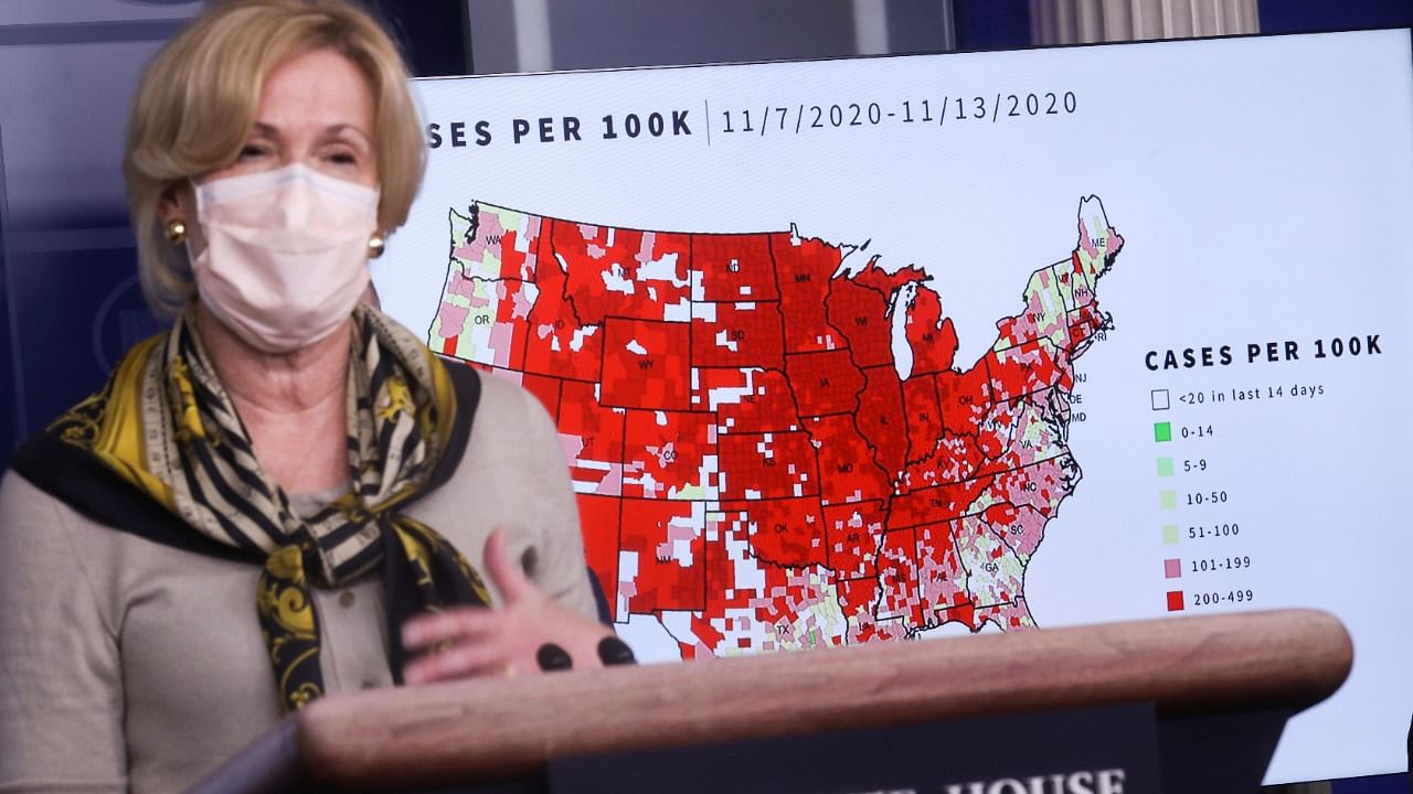 Dr Deborah Birx, the White House coronavirus response coordinator, speaks in front of a map showing coronavirus cases per 100,000 person population at a briefing by the White House coronavirus task force. Credit: Reuters File Photo.