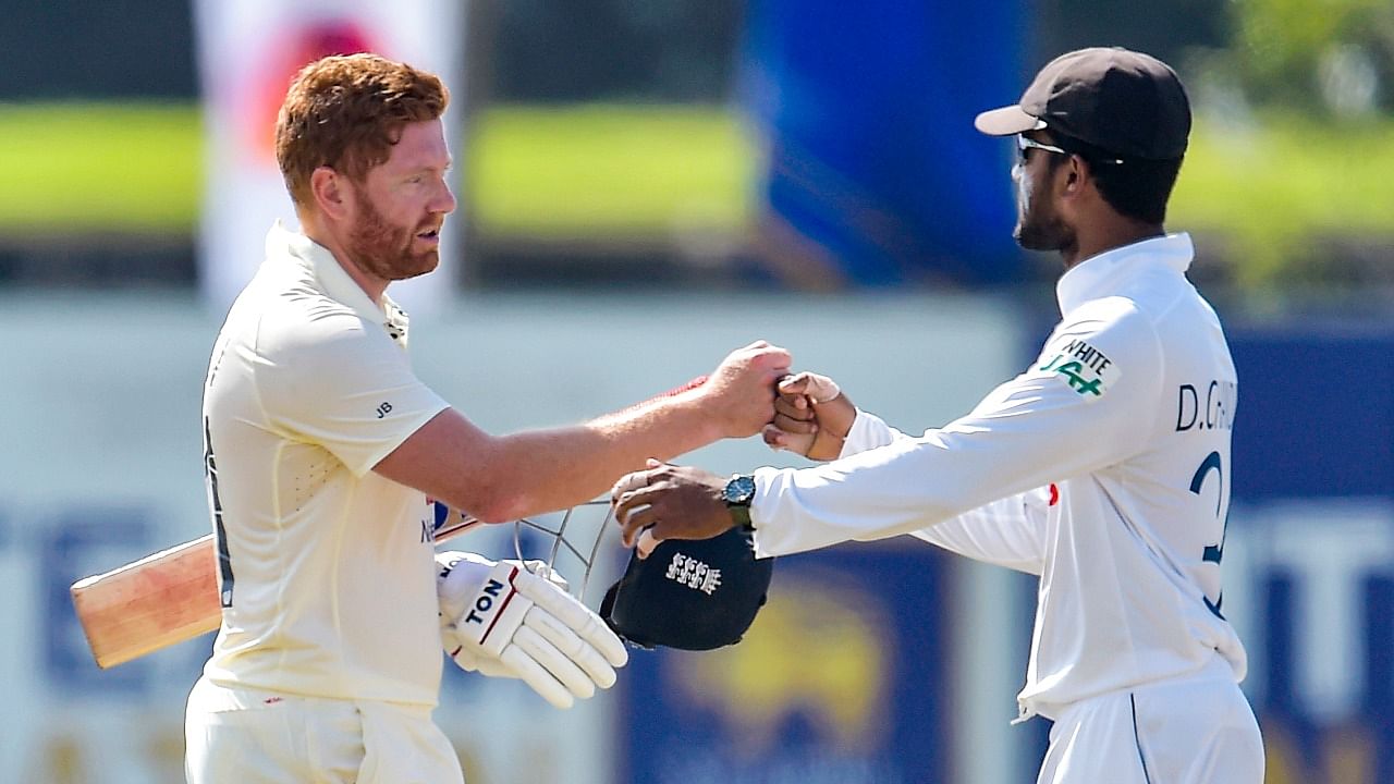 England batsmen Jonny Bairstow after defeating Sri Lanka by seven wickets in the 1st test match at Galle International Cricket Stadium in Galle. Credit: PTI Photo
