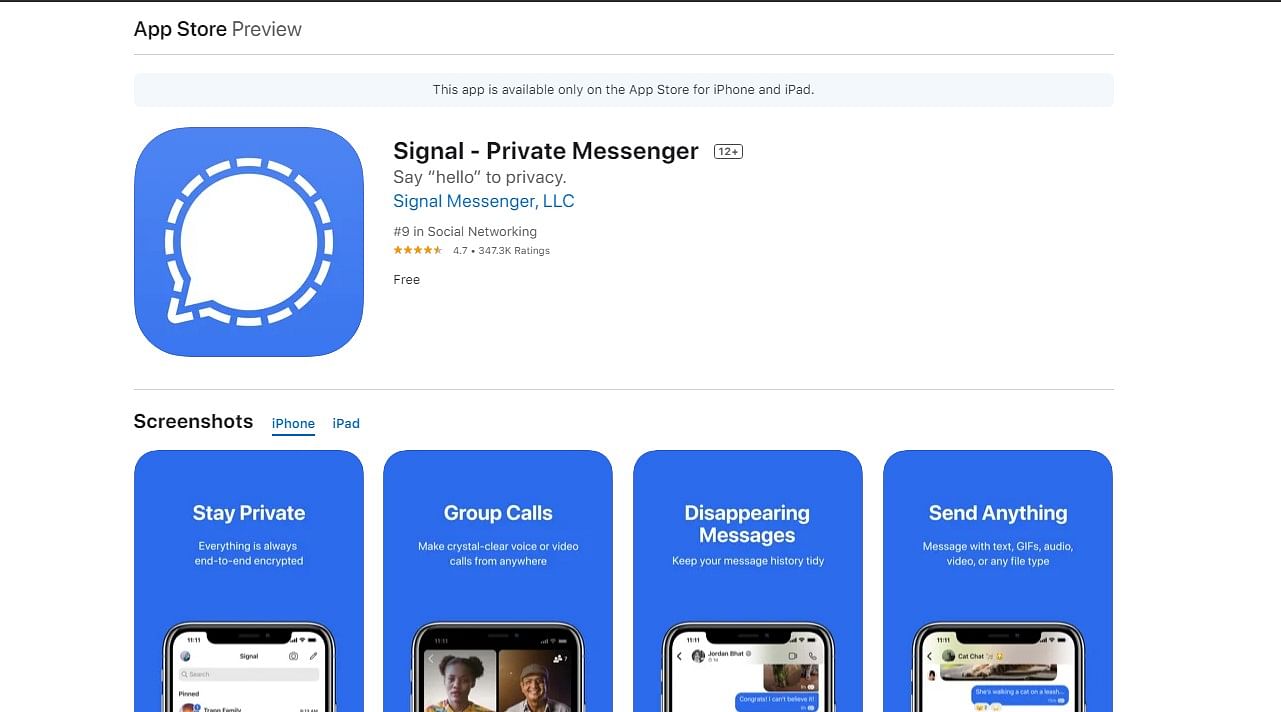 Signal app for iOS. Credit: Apple App Store (screen-grab)