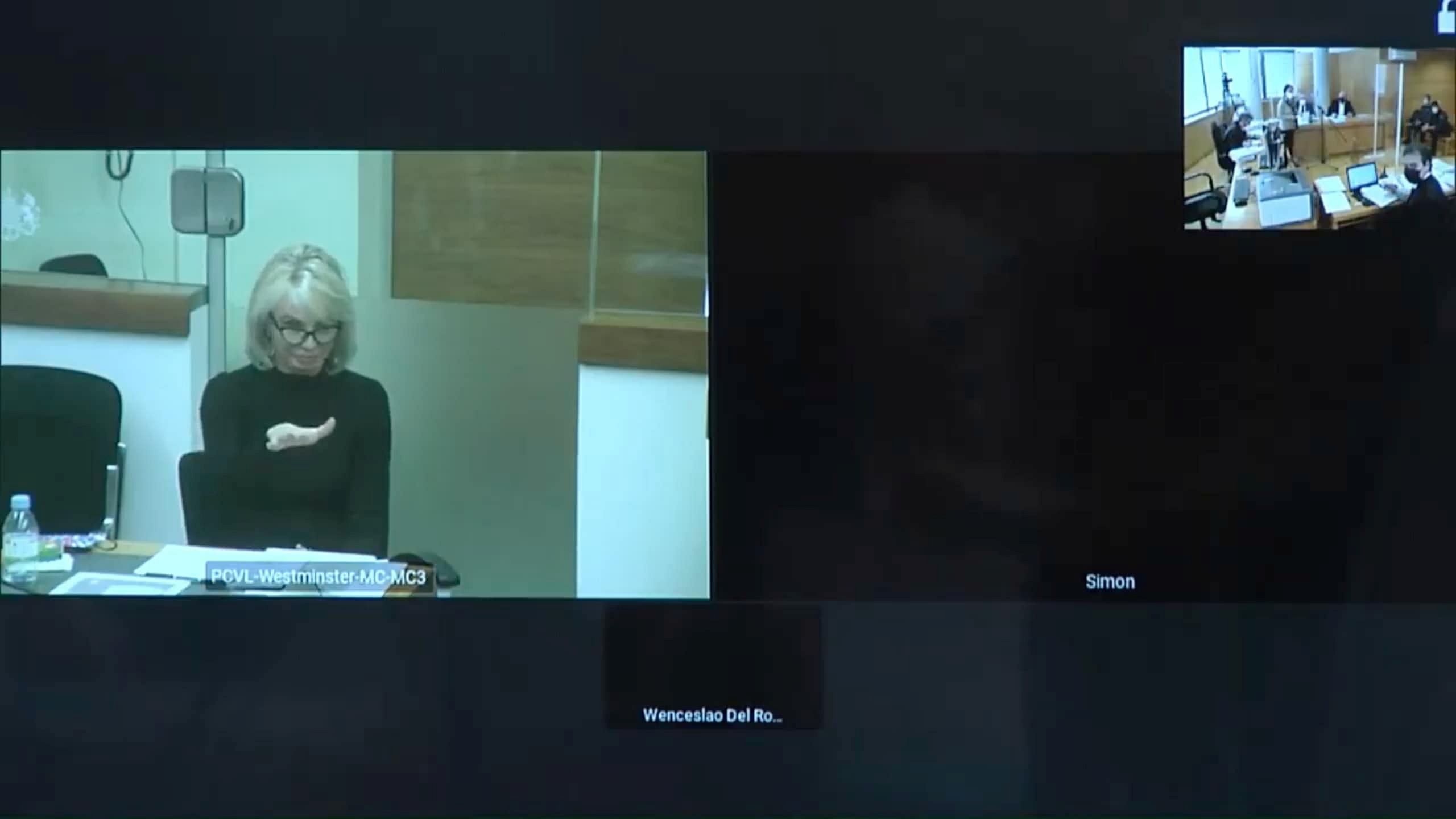 Corinna Larsen, close personal friend of former Spanish King Juan Carlos, testifies in court by video conference from London in a case involving allegations by former police chief Jose Manuel Villarejo that she had received threats from the head of the intelligence service over her access to the royal family's financial documents in this frame grab from video shot from Madrid's Supreme Court in Madrid, Spain, January 15, 2021. Credit: Reuters Photo